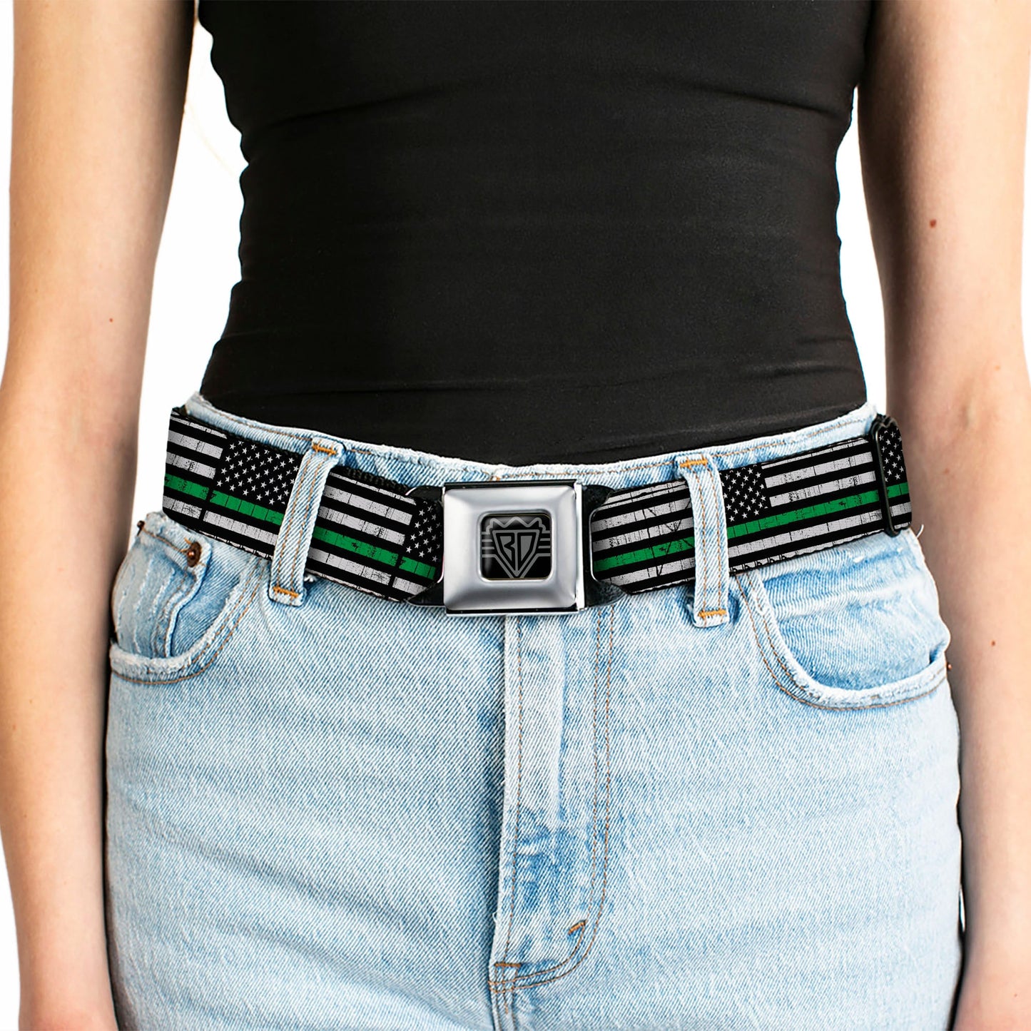 BD Wings Logo CLOSE-UP Black/Silver Seatbelt Belt - Thin Green Line Flag Weathered Black/Gray/Green Webbing
