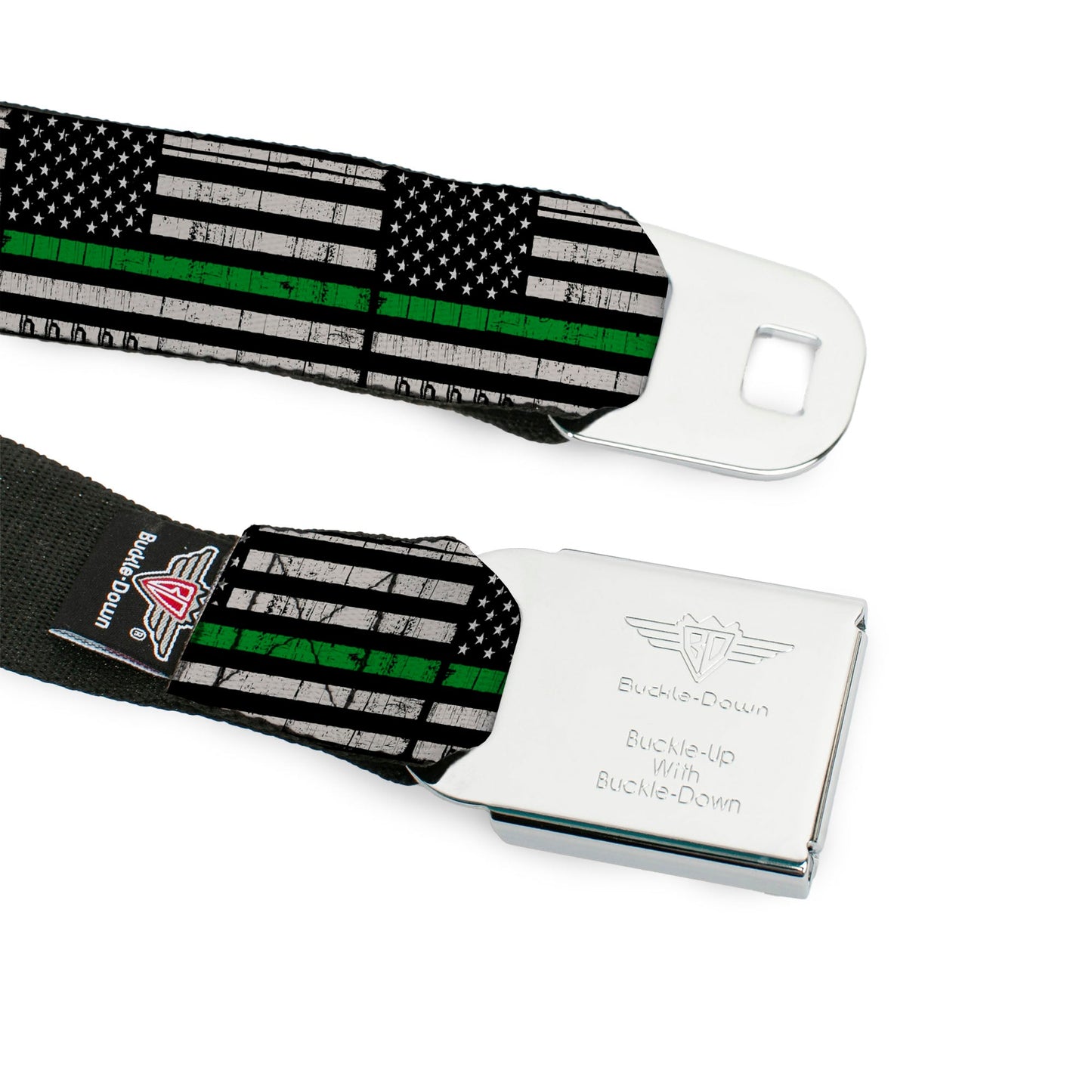 BD Wings Logo CLOSE-UP Black/Silver Seatbelt Belt - Thin Green Line Flag Weathered Black/Gray/Green Webbing