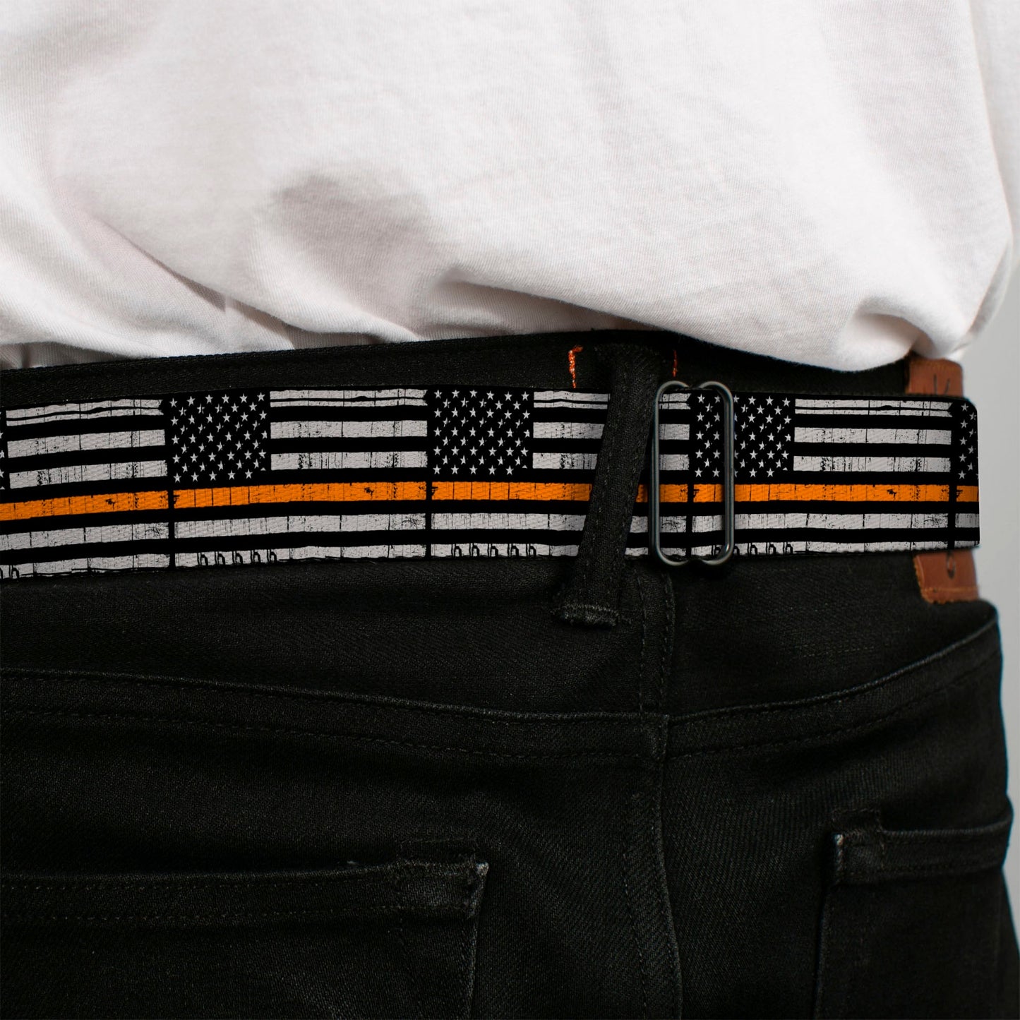 BD Wings Logo CLOSE-UP Black/Silver Seatbelt Belt - Thin Orange Line Flag Weathered Black/Gray/Orange Webbing