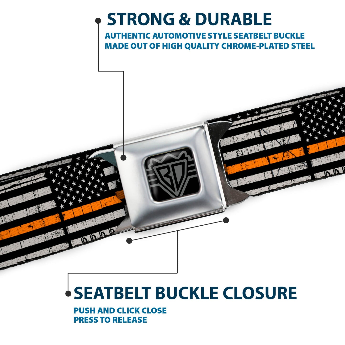 BD Wings Logo CLOSE-UP Black/Silver Seatbelt Belt - Thin Orange Line Flag Weathered Black/Gray/Orange Webbing