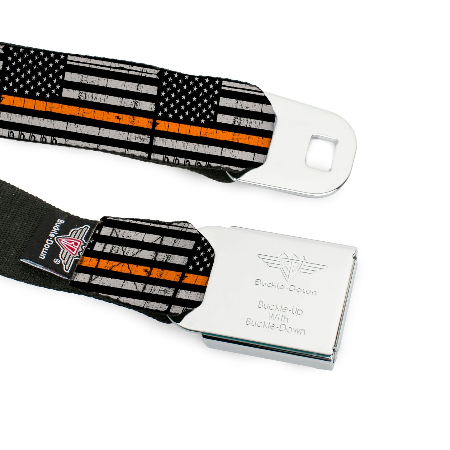 BD Wings Logo CLOSE-UP Black/Silver Seatbelt Belt - Thin Orange Line Flag Weathered Black/Gray/Orange Webbing
