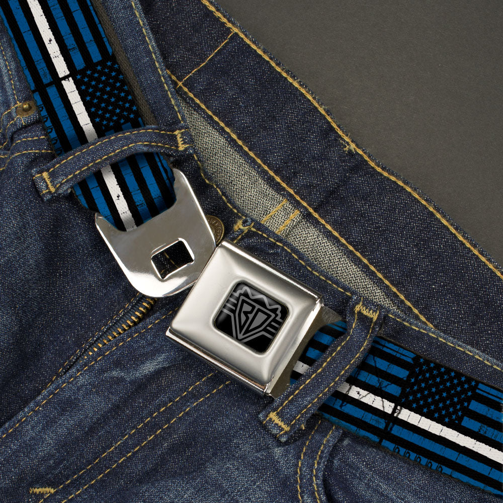 BD Wings Logo CLOSE-UP Black/Silver Seatbelt Belt - Thin White Line Flag Weathered Black/Blue/White Webbing