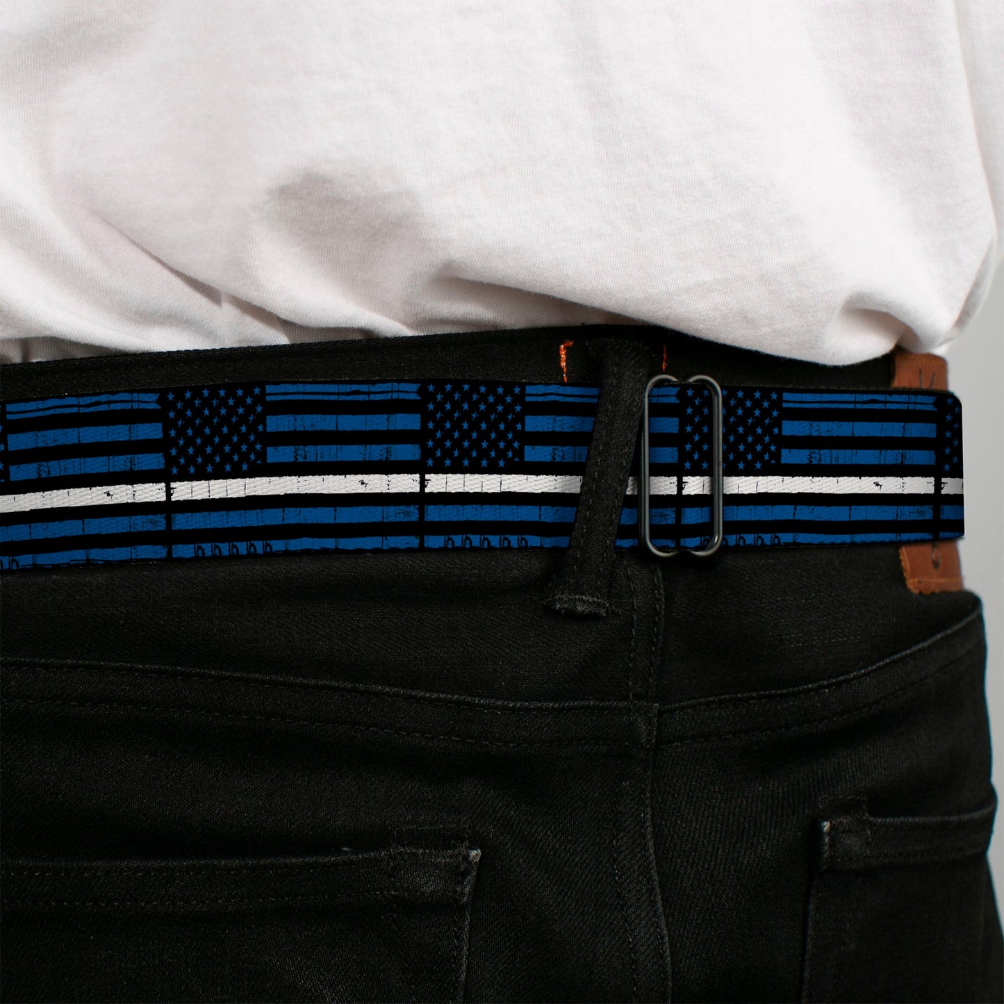 BD Wings Logo CLOSE-UP Black/Silver Seatbelt Belt - Thin White Line Flag Weathered Black/Blue/White Webbing