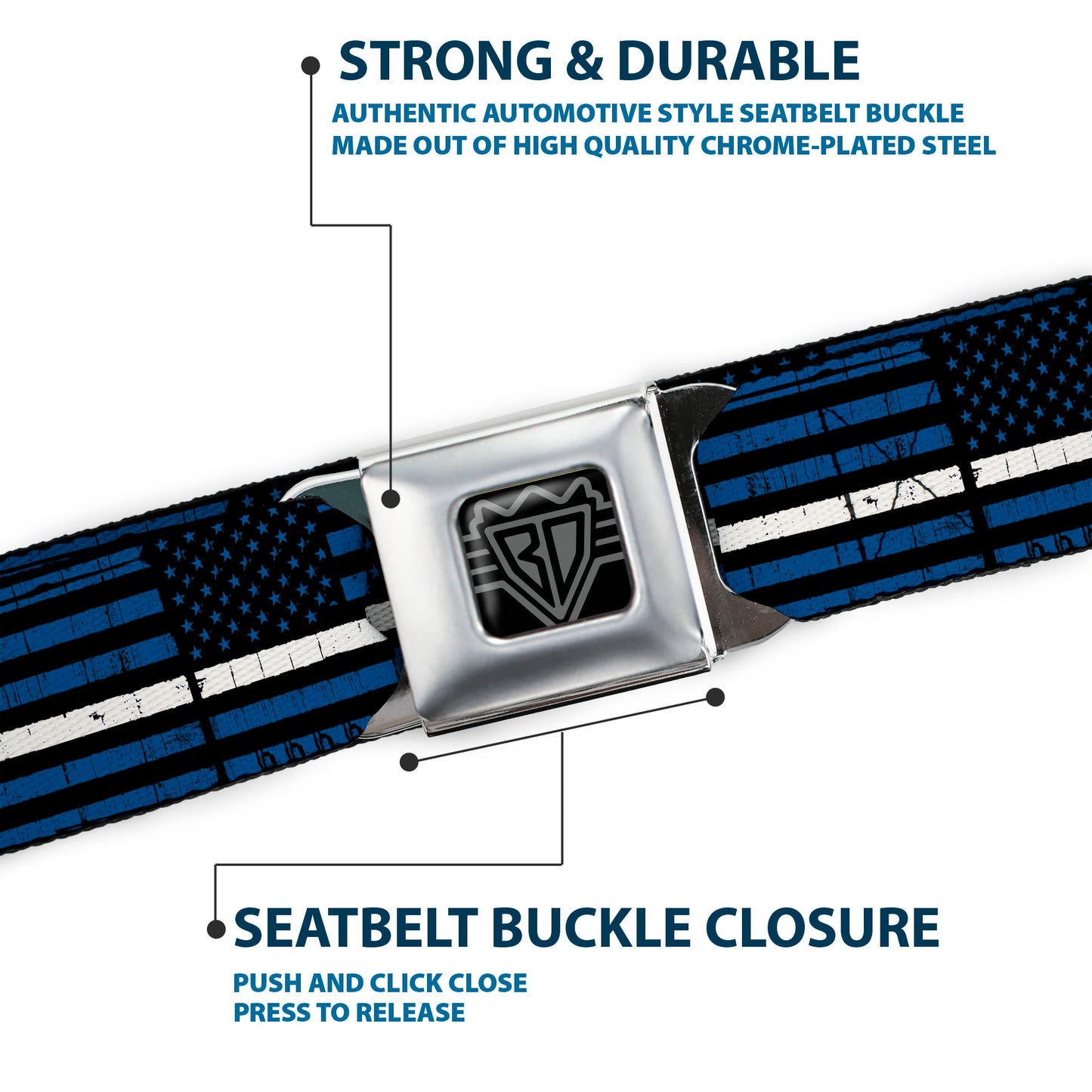 BD Wings Logo CLOSE-UP Black/Silver Seatbelt Belt - Thin White Line Flag Weathered Black/Blue/White Webbing