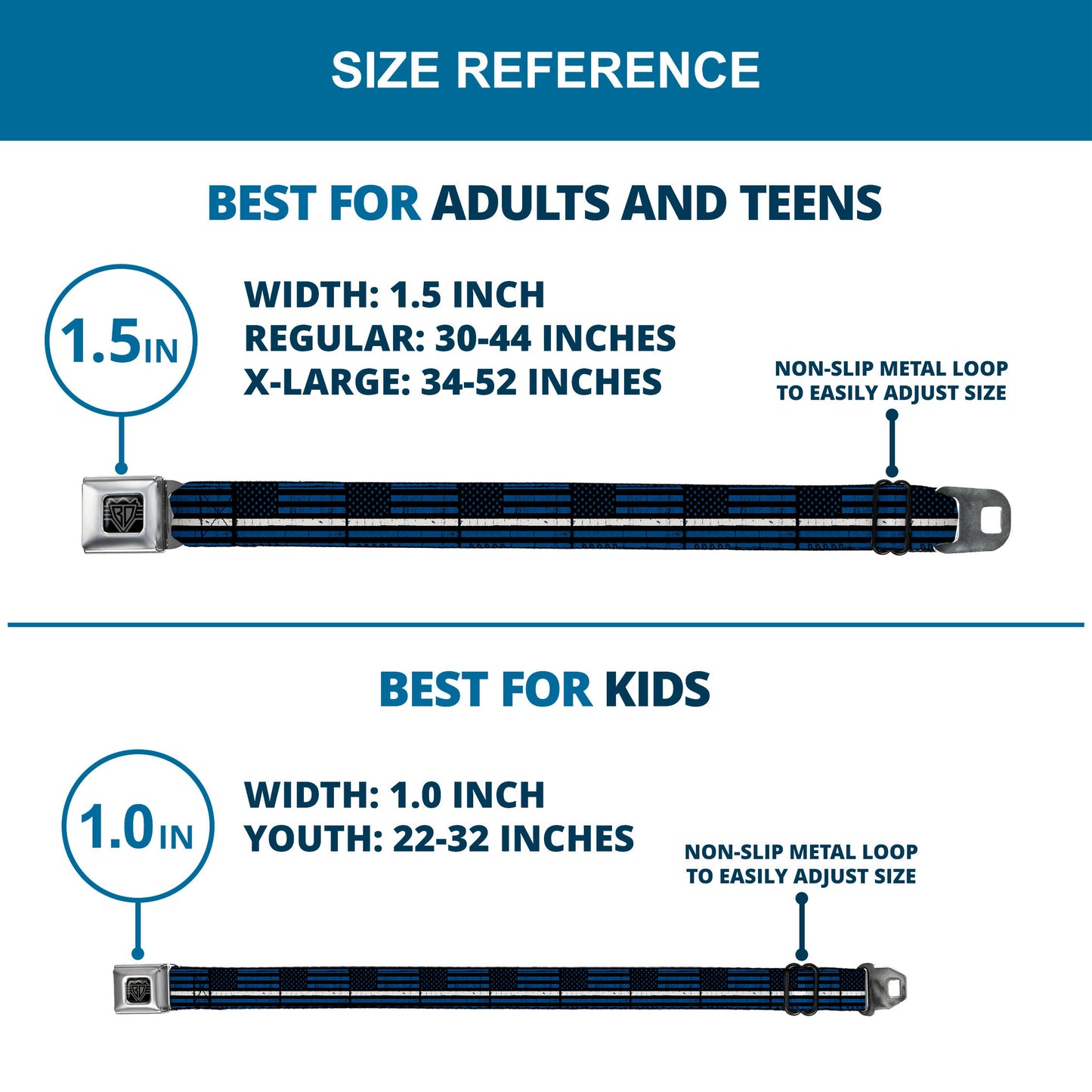 BD Wings Logo CLOSE-UP Black/Silver Seatbelt Belt - Thin White Line Flag Weathered Black/Blue/White Webbing
