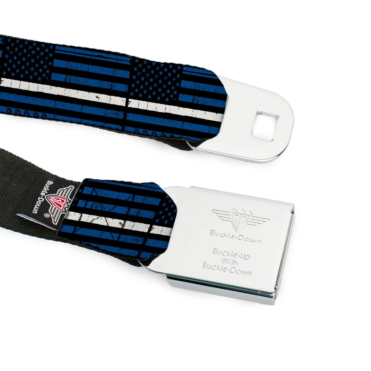 BD Wings Logo CLOSE-UP Black/Silver Seatbelt Belt - Thin White Line Flag Weathered Black/Blue/White Webbing