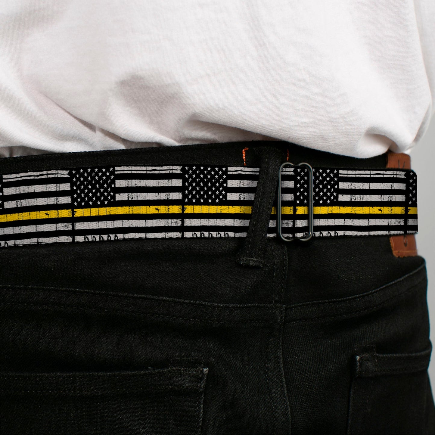 BD Wings Logo CLOSE-UP Black/Silver Seatbelt Belt - Thin Yellow Line Flag Weathered Black/Gray/Yellow Webbing