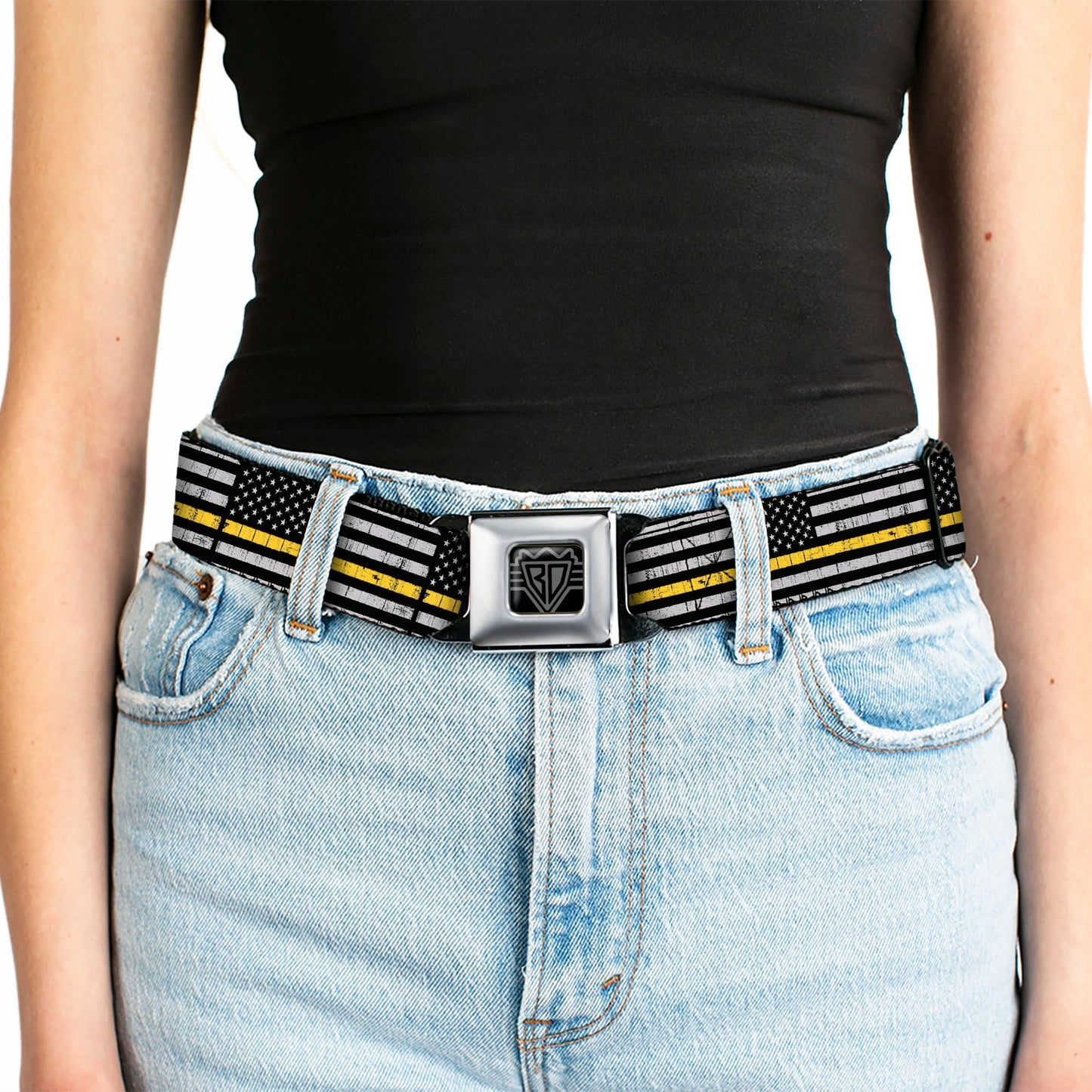 BD Wings Logo CLOSE-UP Black/Silver Seatbelt Belt - Thin Yellow Line Flag Weathered Black/Gray/Yellow Webbing