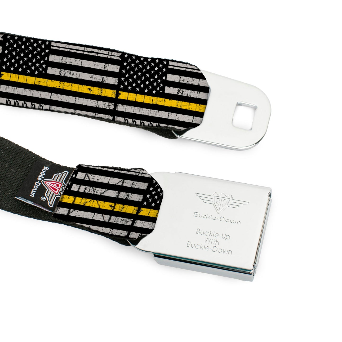BD Wings Logo CLOSE-UP Black/Silver Seatbelt Belt - Thin Yellow Line Flag Weathered Black/Gray/Yellow Webbing