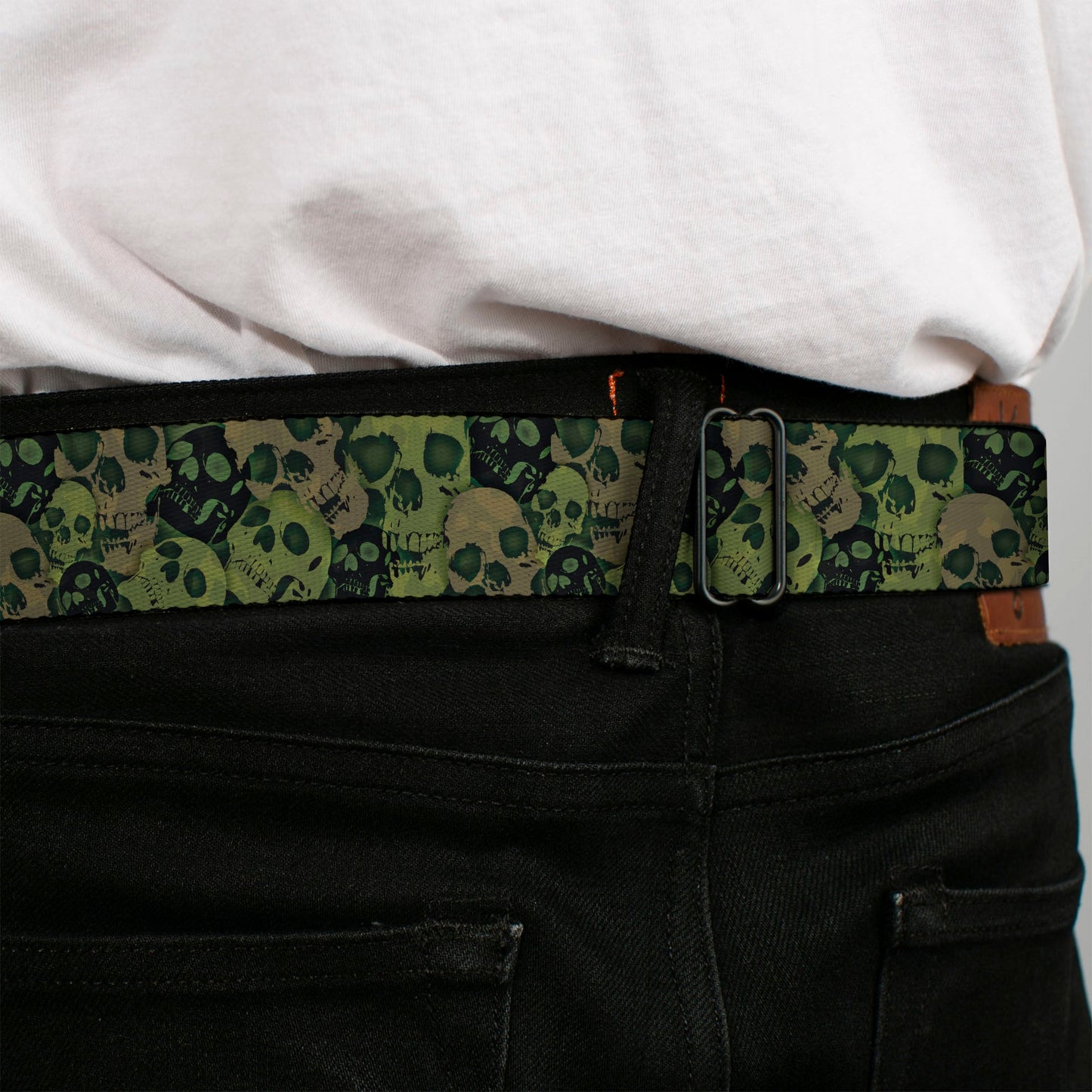 BD Wings Logo CLOSE-UP Full Color Black Silver Seatbelt Belt - Camo Olive/Black Skull Yard2 Webbing