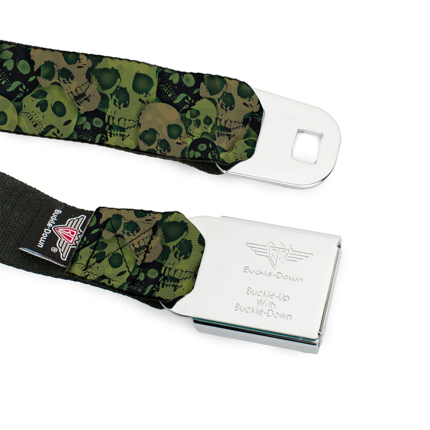 BD Wings Logo CLOSE-UP Full Color Black Silver Seatbelt Belt - Camo Olive/Black Skull Yard2 Webbing
