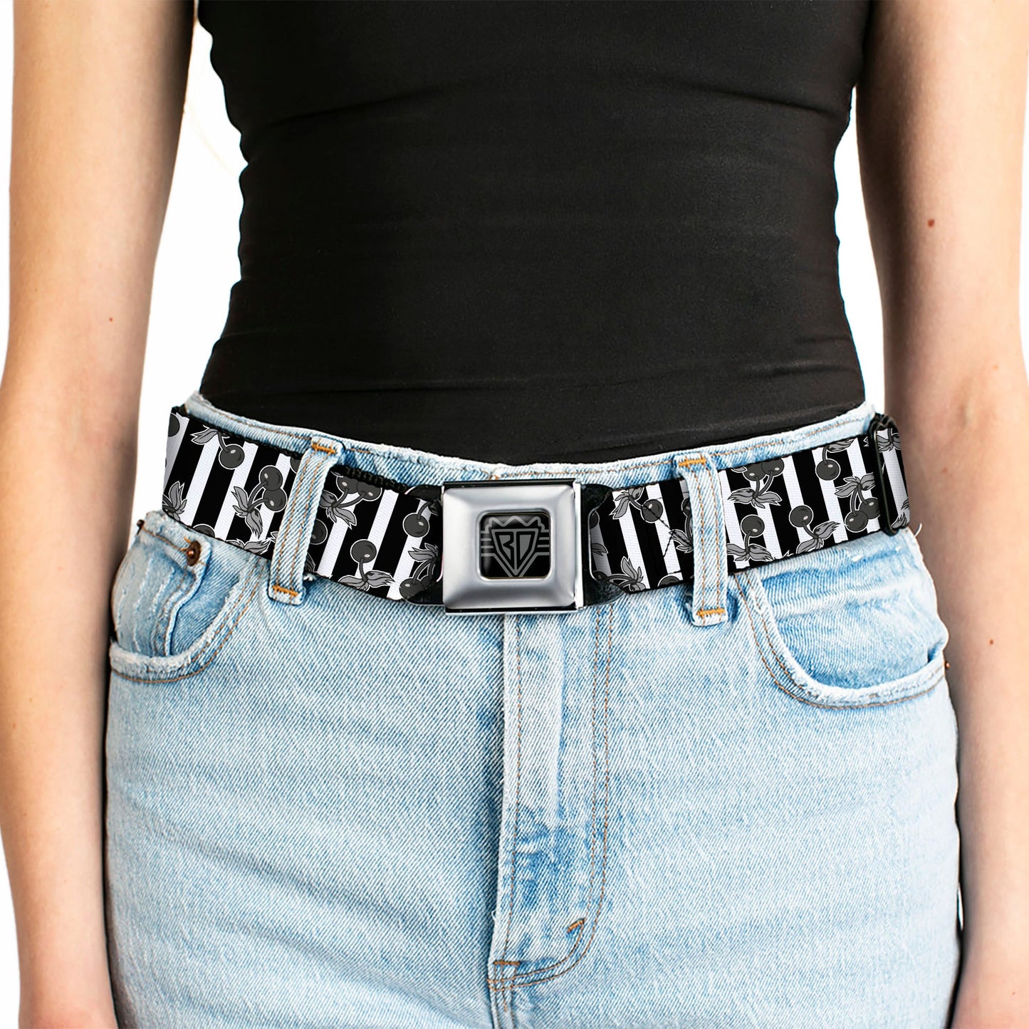 BD Wings Logo CLOSE-UP Full Color Black Silver Seatbelt Belt - Cherries Scattered/Vertical Stripe White/Black/Grays Webbing