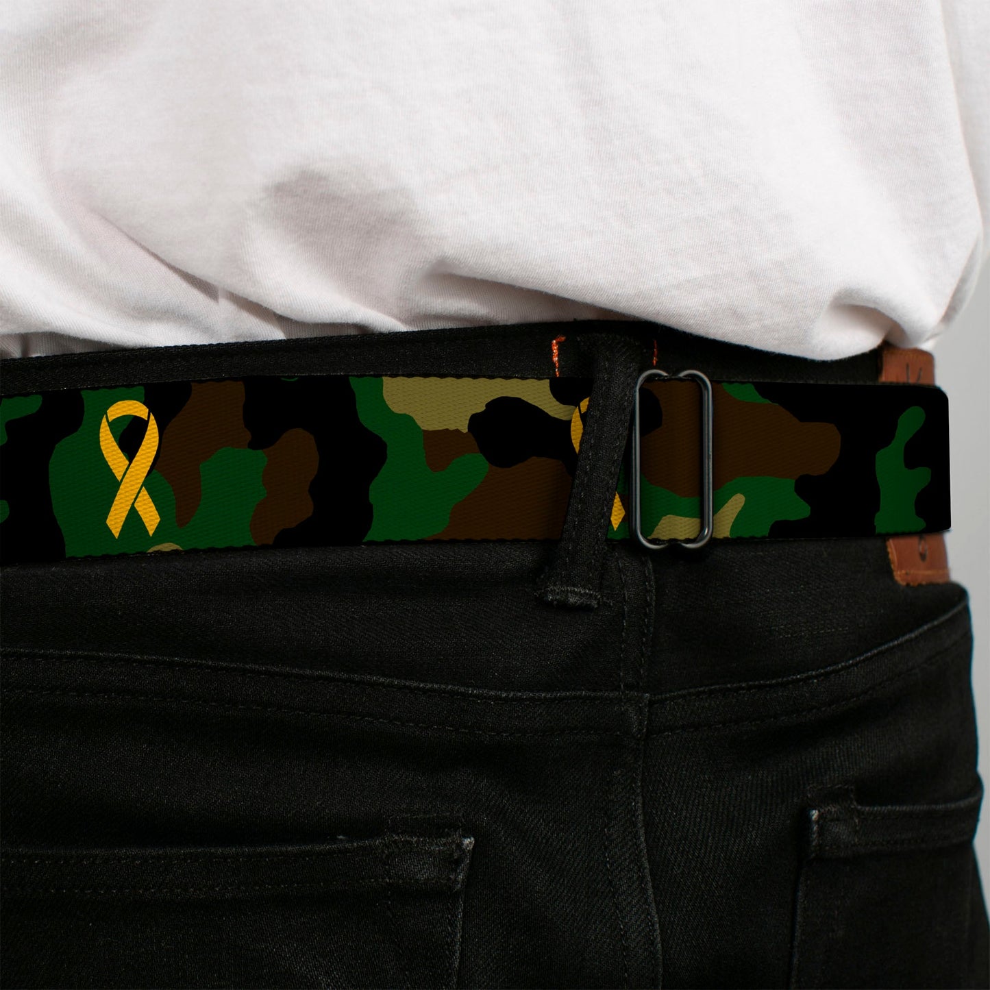 BD Wings Logo CLOSE-UP Full Color Black Silver Seatbelt Belt - Support Our Troops Camo Olive/Yellow Ribbon Webbing