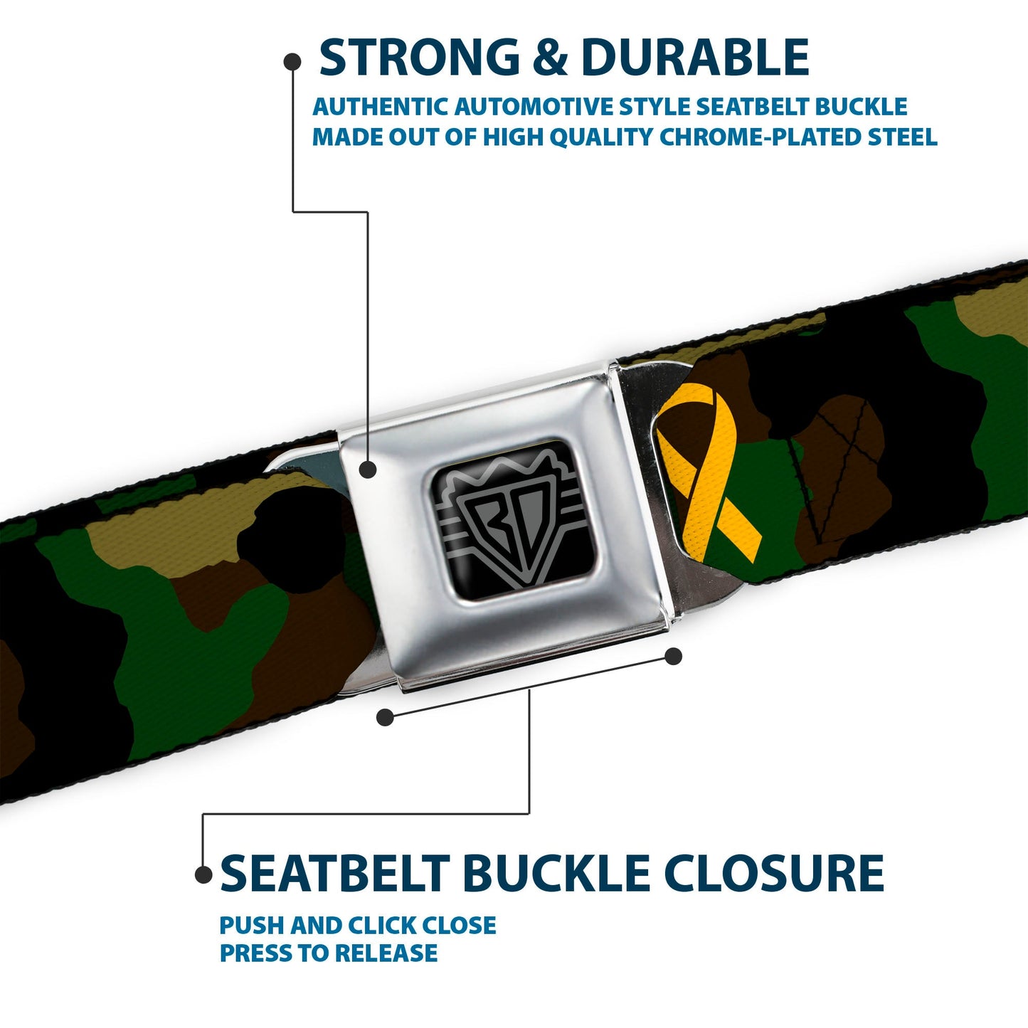 BD Wings Logo CLOSE-UP Full Color Black Silver Seatbelt Belt - Support Our Troops Camo Olive/Yellow Ribbon Webbing