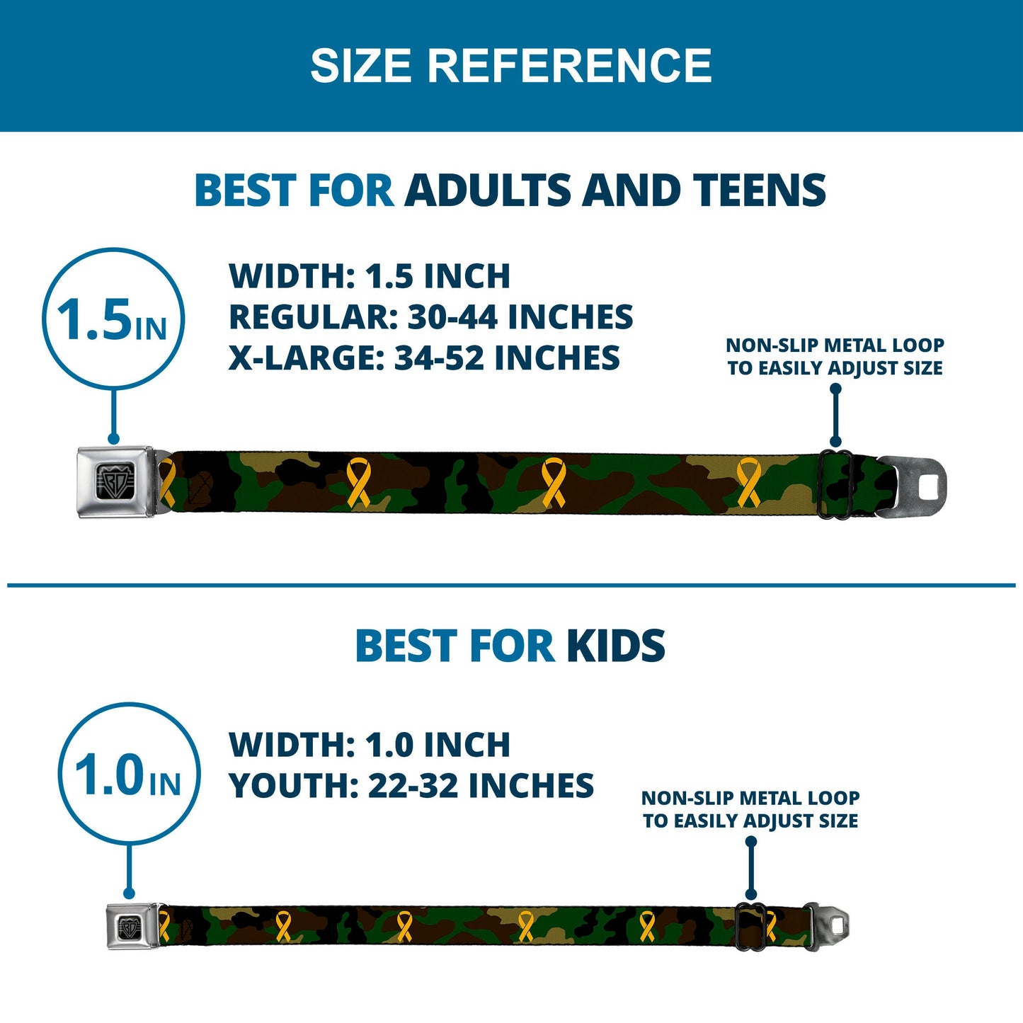 BD Wings Logo CLOSE-UP Full Color Black Silver Seatbelt Belt - Support Our Troops Camo Olive/Yellow Ribbon Webbing