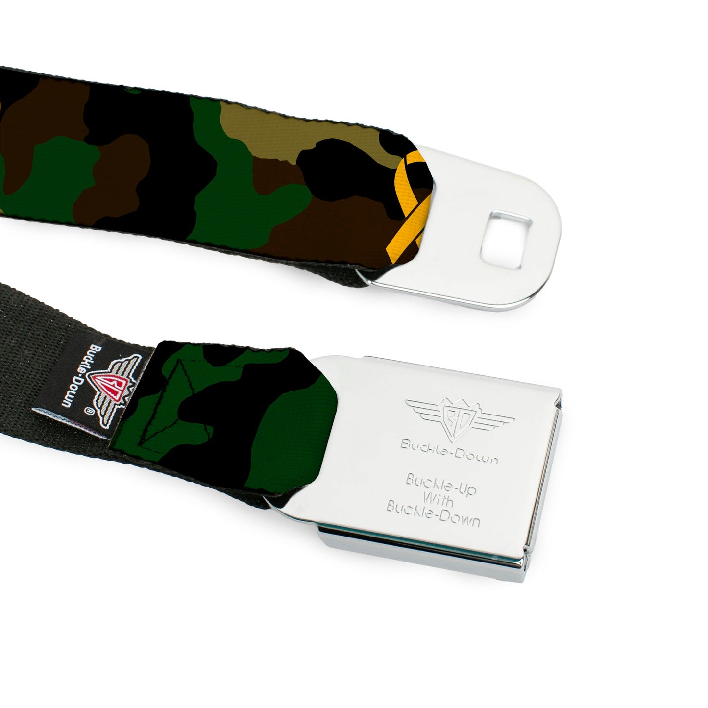 BD Wings Logo CLOSE-UP Full Color Black Silver Seatbelt Belt - Support Our Troops Camo Olive/Yellow Ribbon Webbing
