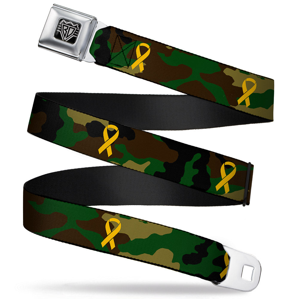 BD Wings Logo CLOSE-UP Full Color Black Silver Seatbelt Belt - Support Our Troops Camo Olive/Yellow Ribbon Webbing