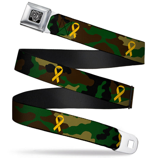 BD Wings Logo CLOSE-UP Full Color Black Silver Seatbelt Belt - Support Our Troops Camo Olive/Yellow Ribbon Webbing