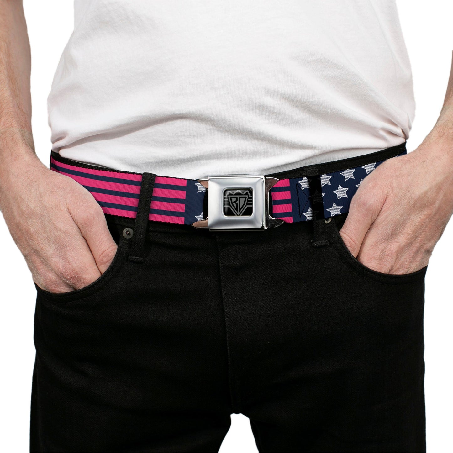 BD Wings Logo CLOSE-UP Black/Silver Seatbelt Belt - Stars & Stripes2 Blue/White/Pink Webbing
