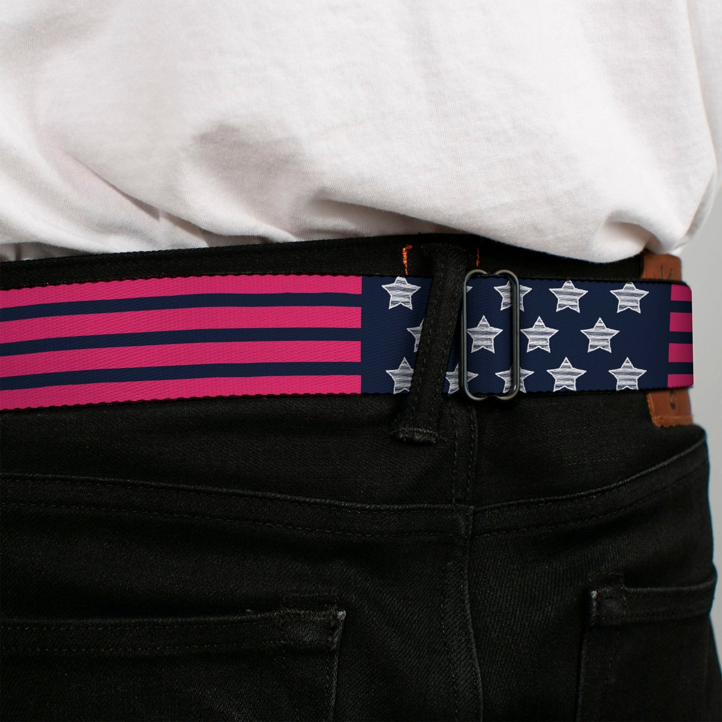 BD Wings Logo CLOSE-UP Black/Silver Seatbelt Belt - Stars & Stripes2 Blue/White/Pink Webbing