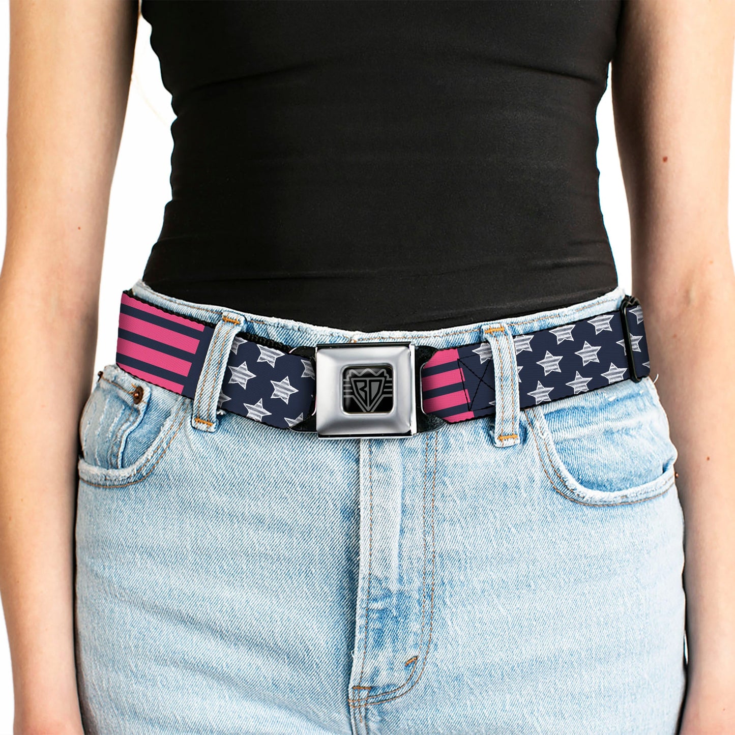 BD Wings Logo CLOSE-UP Black/Silver Seatbelt Belt - Stars & Stripes2 Blue/White/Pink Webbing