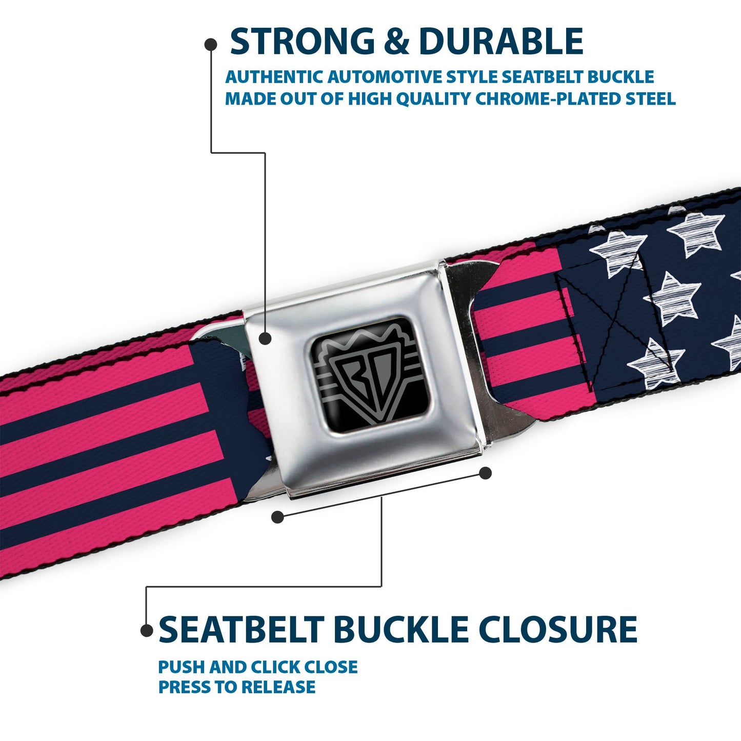 BD Wings Logo CLOSE-UP Black/Silver Seatbelt Belt - Stars & Stripes2 Blue/White/Pink Webbing