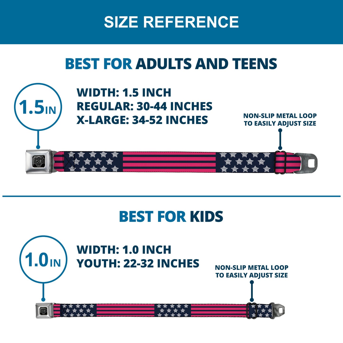 BD Wings Logo CLOSE-UP Black/Silver Seatbelt Belt - Stars & Stripes2 Blue/White/Pink Webbing