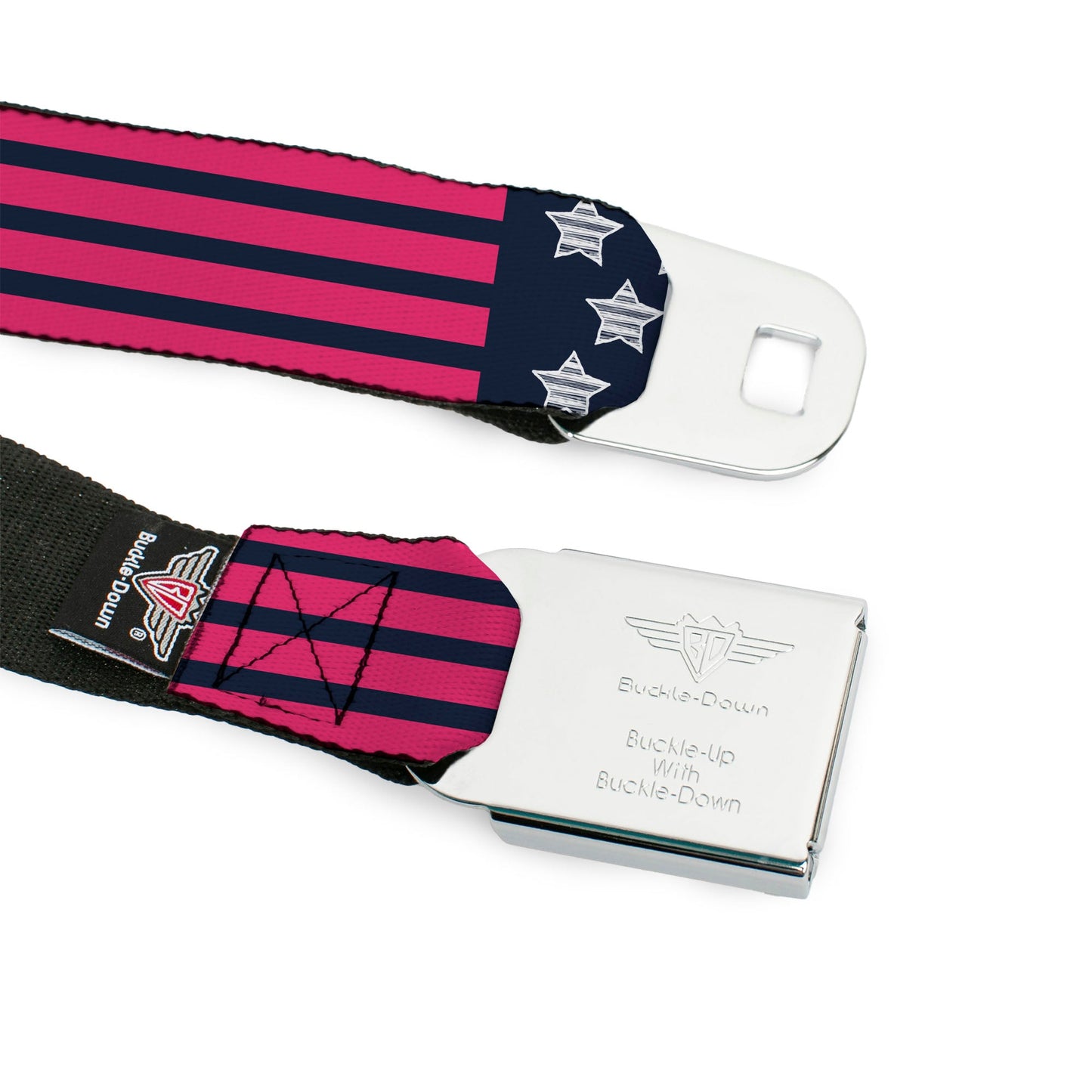 BD Wings Logo CLOSE-UP Black/Silver Seatbelt Belt - Stars & Stripes2 Blue/White/Pink Webbing
