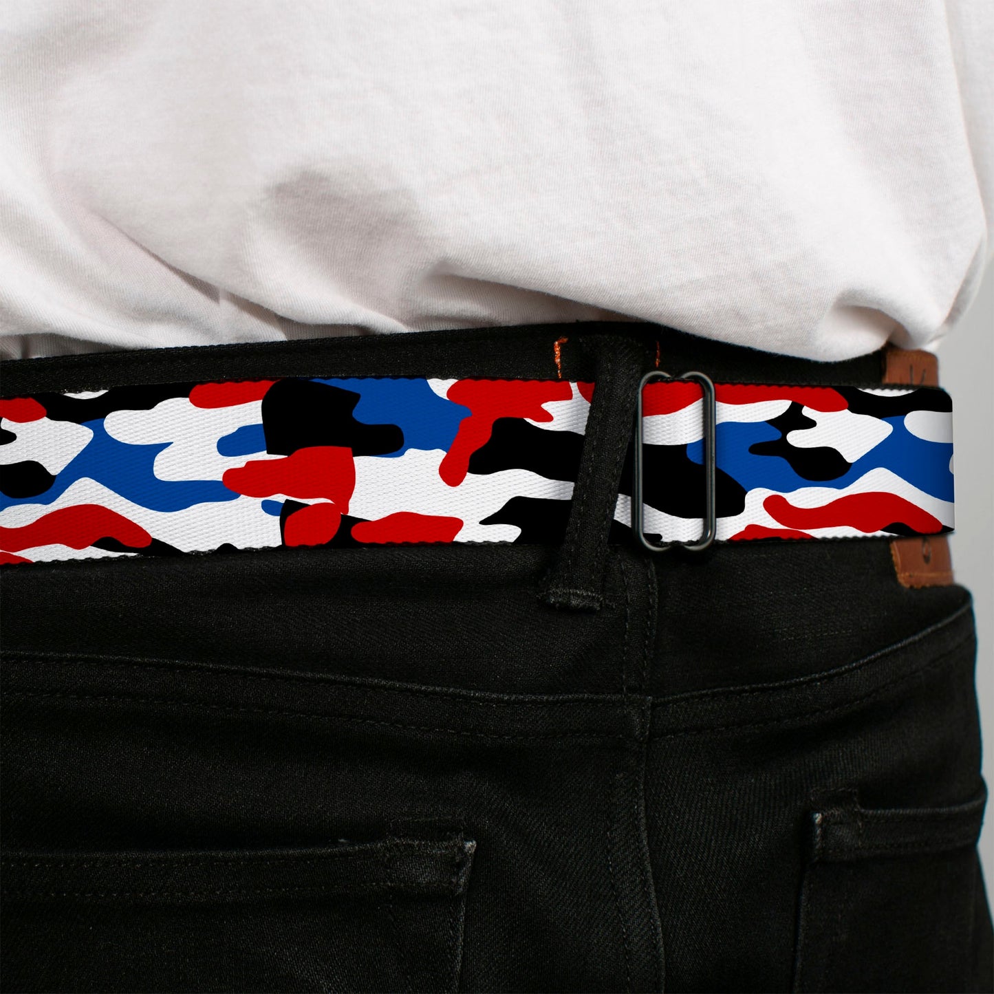 Chevy Bowtie Full Color Black/White Seatbelt Belt - Chevy Americana Camo Red/White/Blue/Black Webbing