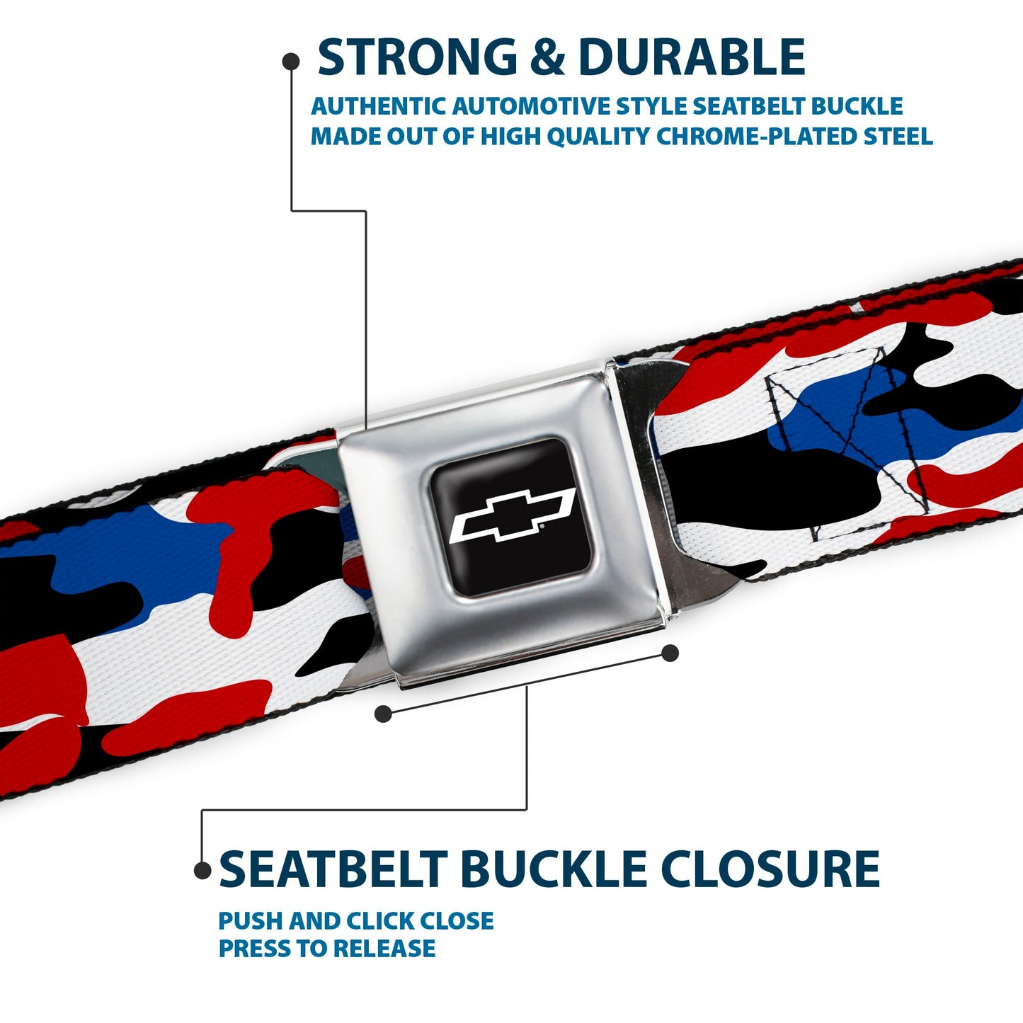 Chevy Bowtie Full Color Black/White Seatbelt Belt - Chevy Americana Camo Red/White/Blue/Black Webbing