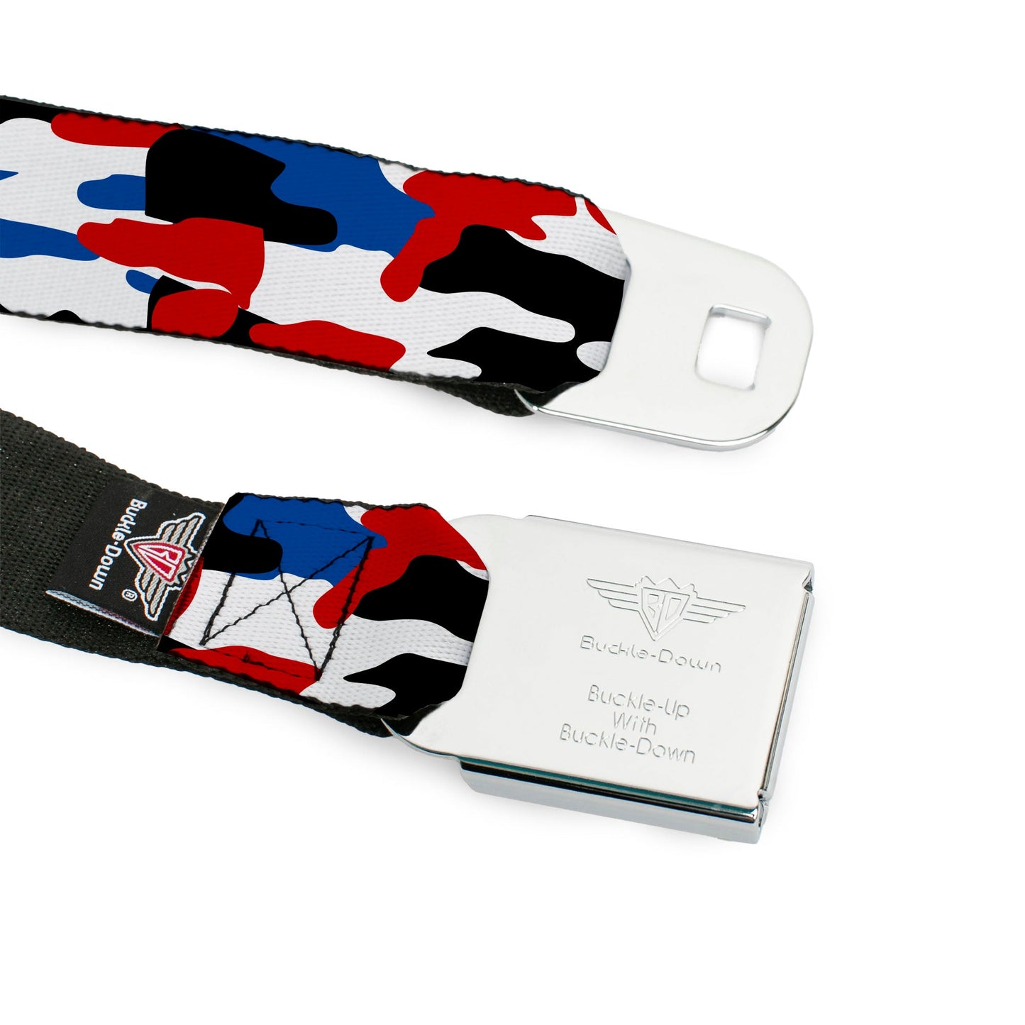 Chevy Bowtie Full Color Black/White Seatbelt Belt - Chevy Americana Camo Red/White/Blue/Black Webbing