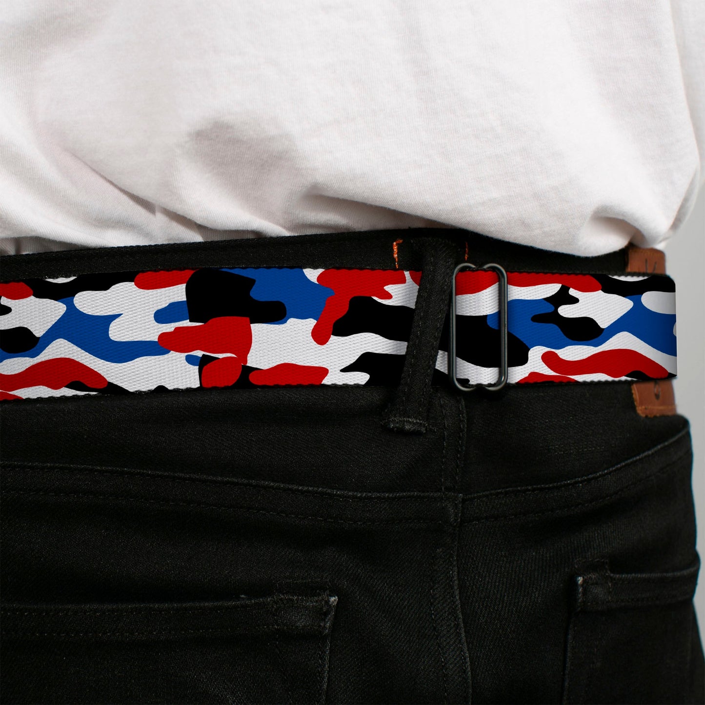 RAM Logo Full Color Black/White Seatbelt Belt - Ram Americana Camo Red/White/Blue/Black Webbing