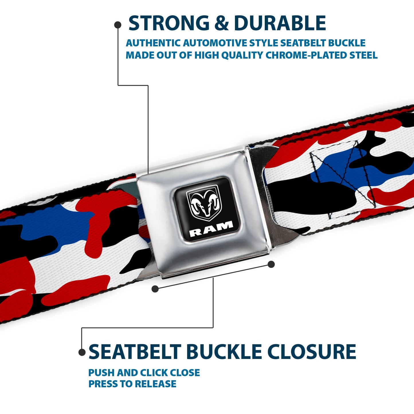 RAM Logo Full Color Black/White Seatbelt Belt - Ram Americana Camo Red/White/Blue/Black Webbing