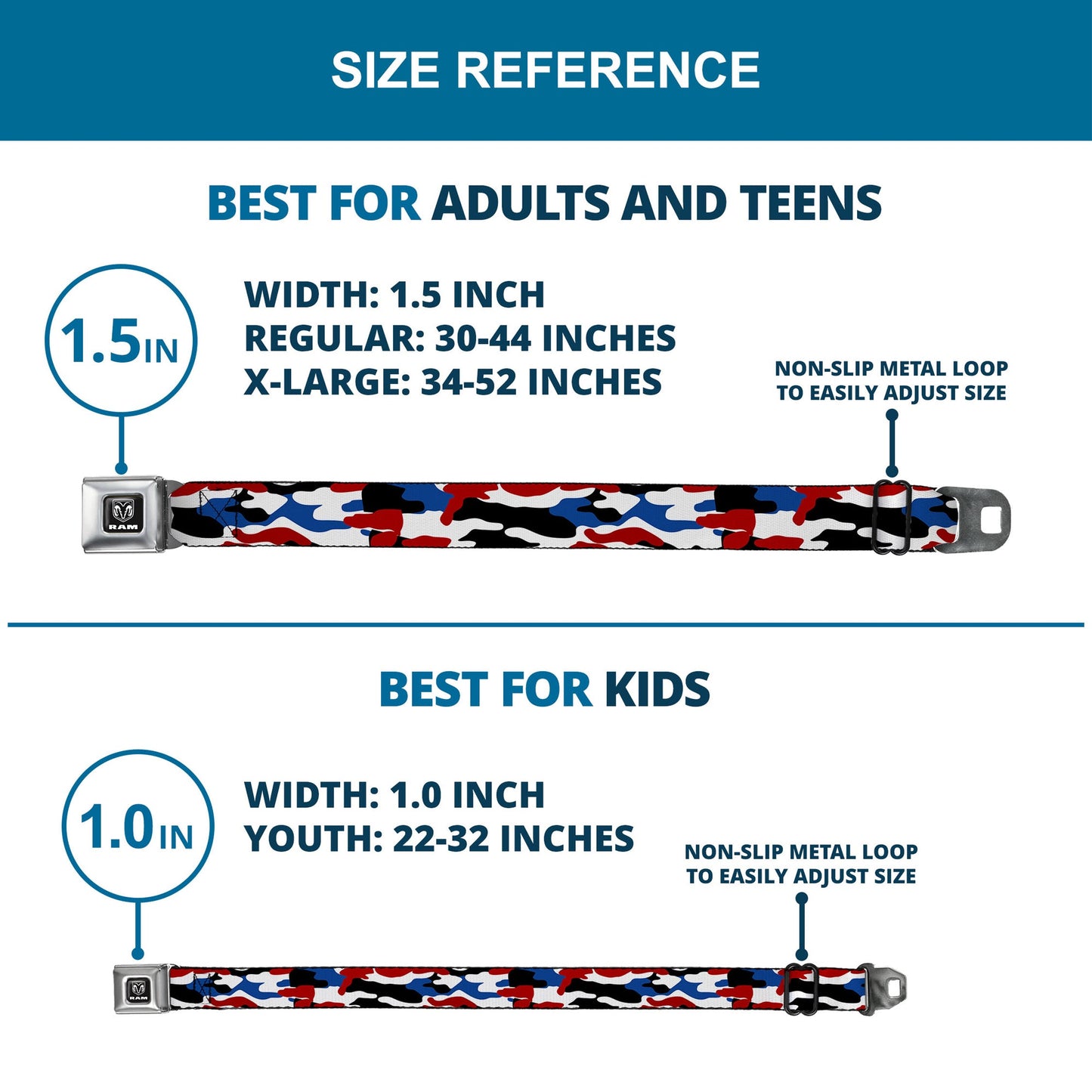 RAM Logo Full Color Black/White Seatbelt Belt - Ram Americana Camo Red/White/Blue/Black Webbing