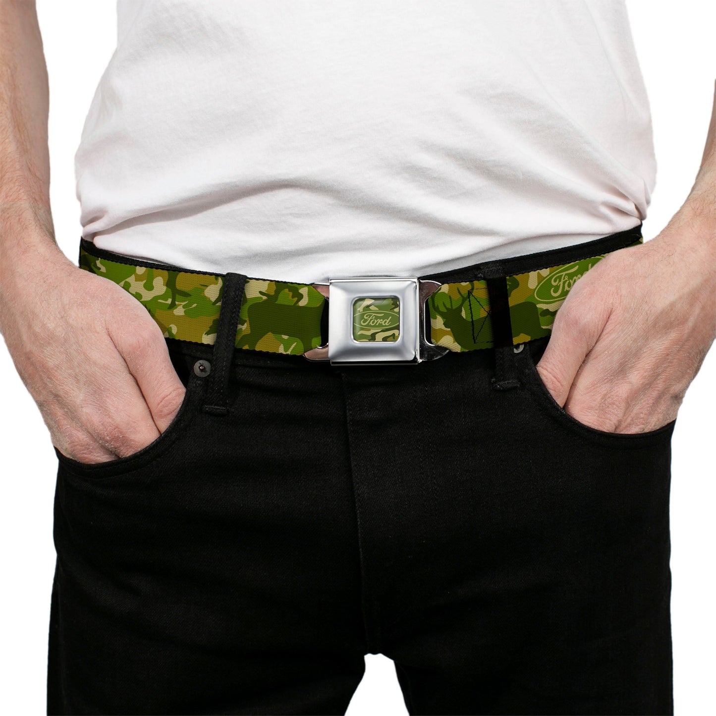 FORD Oval Full Color Deer Hunter Camo Olive Seatbelt Belt - FORD Deer Hunter Camo Olive Webbing