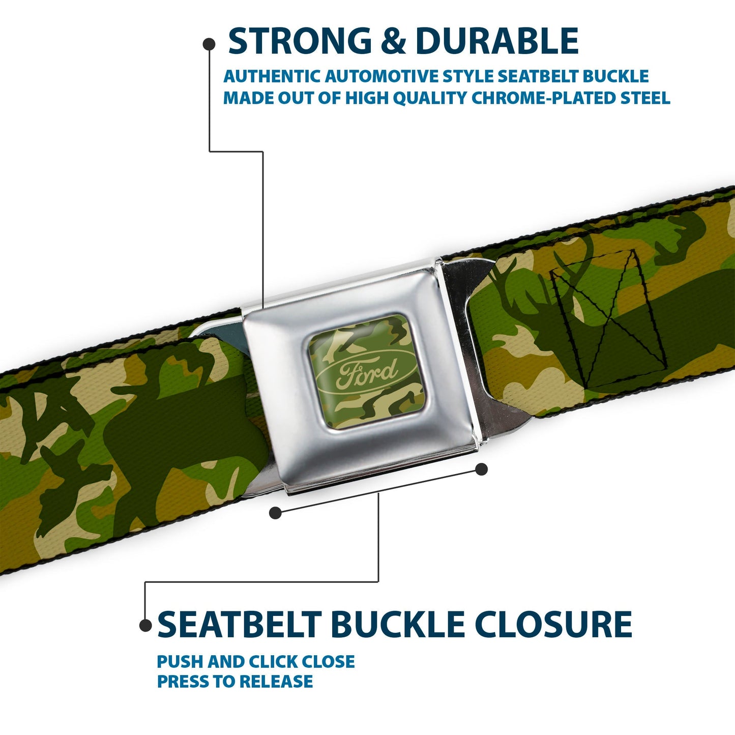FORD Oval Full Color Deer Hunter Camo Olive Seatbelt Belt - FORD Deer Hunter Camo Olive Webbing