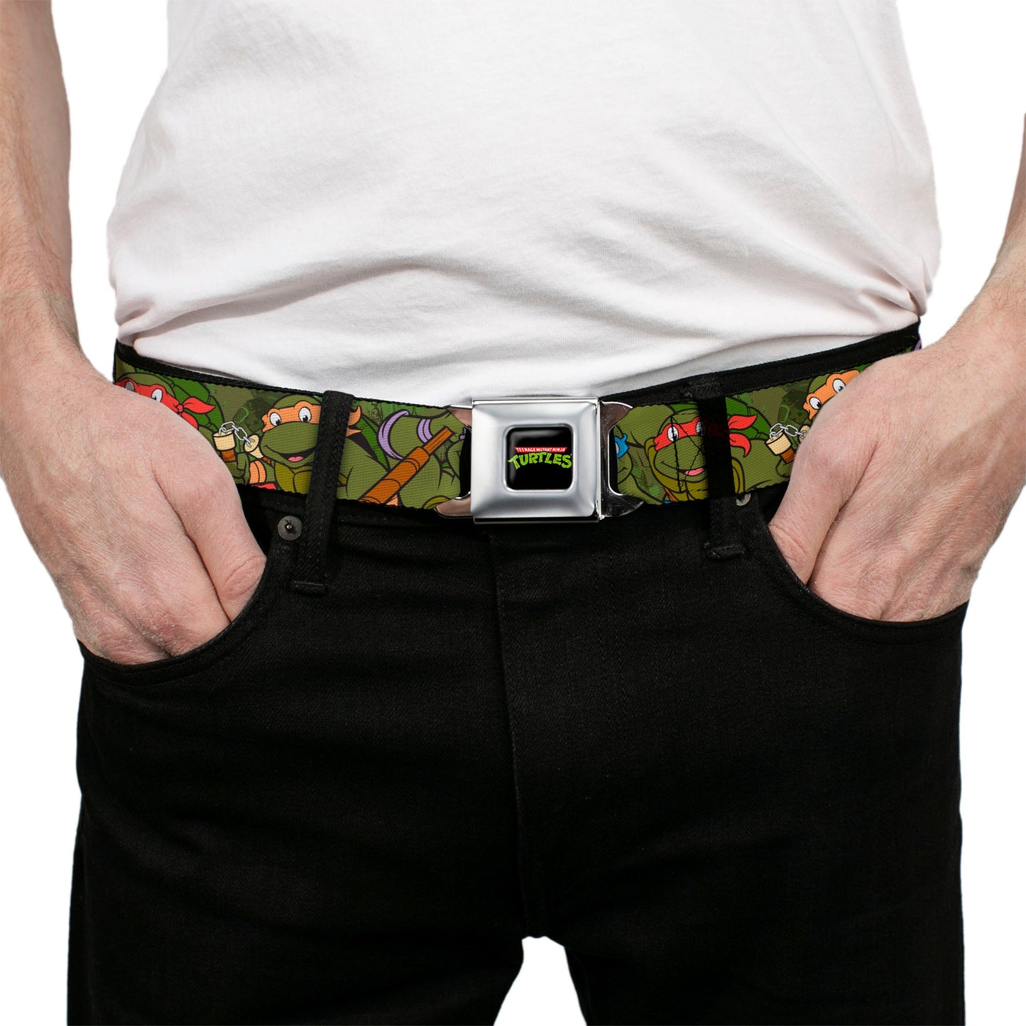 Classic TMNT Logo Full Color Seatbelt Belt - Classic Teenage Mutant Ninja Turtles Group Pose CLOSE-UP Camo Turtle Shell Webbing