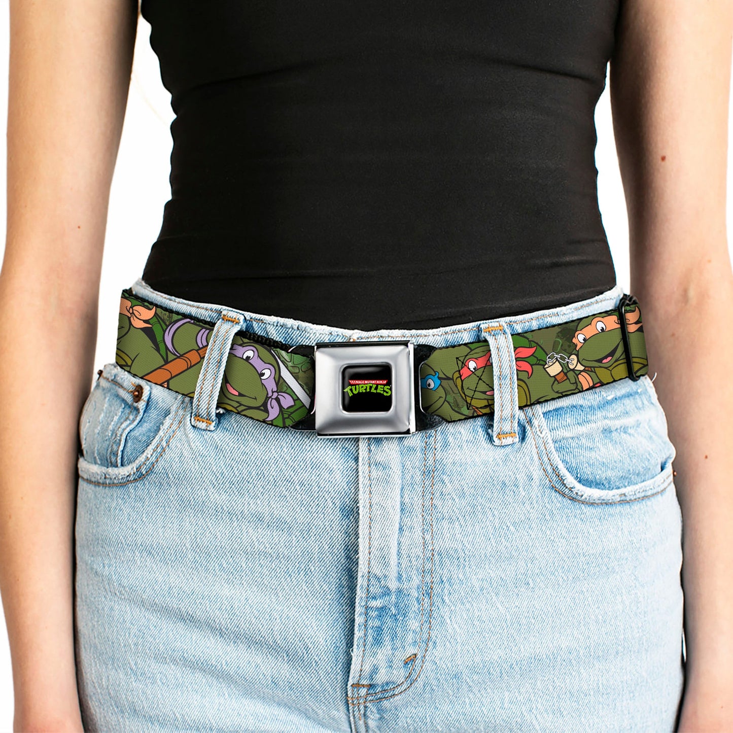 Classic TMNT Logo Full Color Seatbelt Belt - Classic Teenage Mutant Ninja Turtles Group Pose CLOSE-UP Camo Turtle Shell Webbing