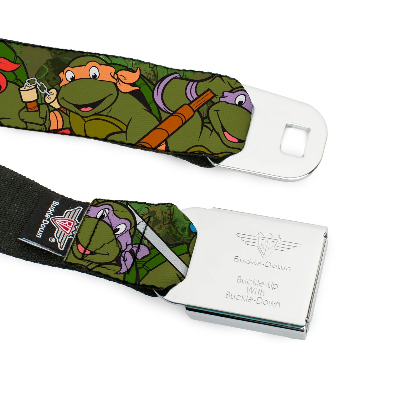Classic TMNT Logo Full Color Seatbelt Belt - Classic Teenage Mutant Ninja Turtles Group Pose CLOSE-UP Camo Turtle Shell Webbing