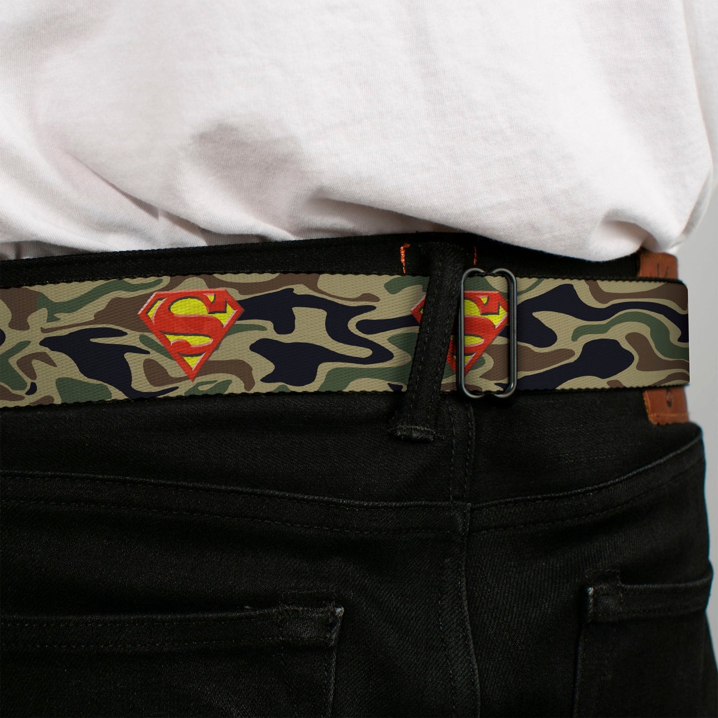 Superman Black Silver Seatbelt Belt - Superman Shield Camo Olive Webbing