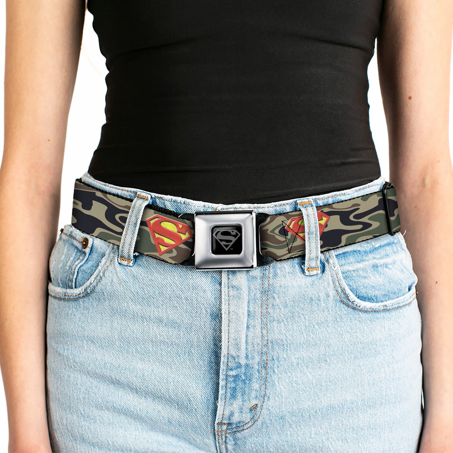 Superman Black Silver Seatbelt Belt - Superman Shield Camo Olive Webbing