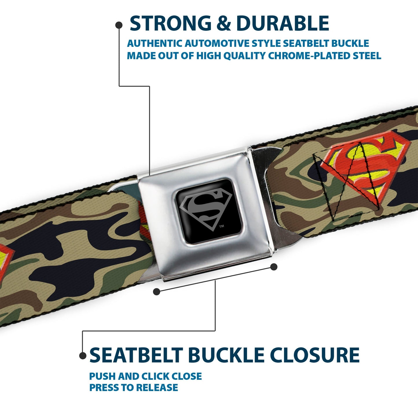 Superman Black Silver Seatbelt Belt - Superman Shield Camo Olive Webbing