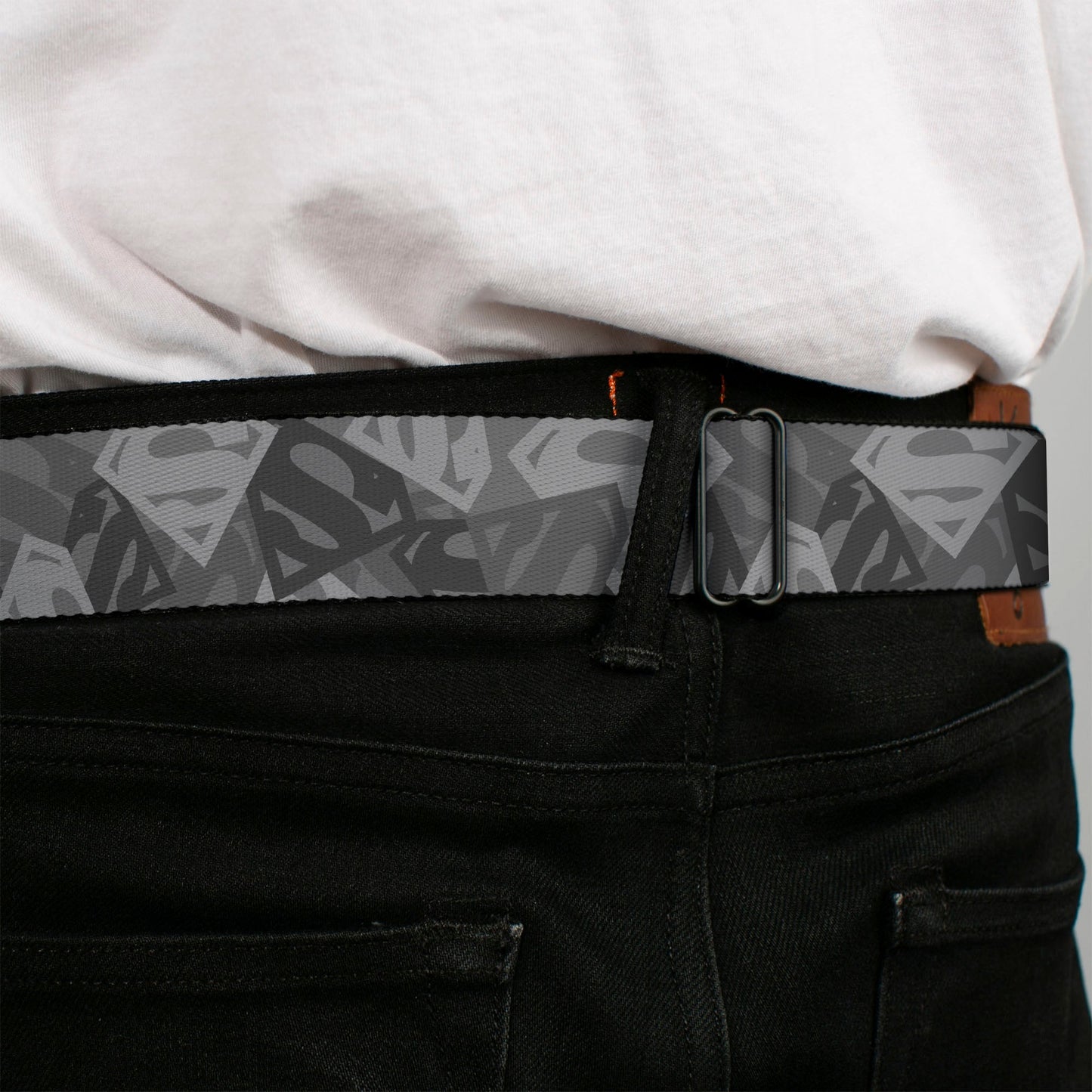 Superman Black Silver Seatbelt Belt - Superman Shield Camouflage Grays Webbing
