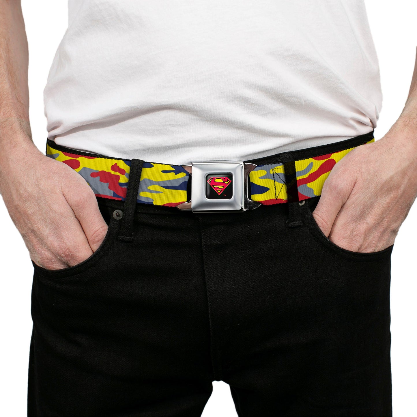 Superman Shadow Shield Full Color Black/Red/Yellow Seatbelt Belt - Superman Camo Yellow/Red/Blue/Gray Webbing