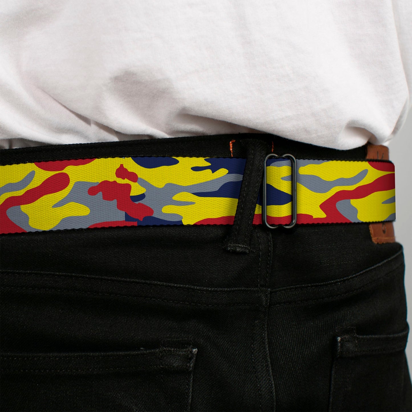 Superman Shadow Shield Full Color Black/Red/Yellow Seatbelt Belt - Superman Camo Yellow/Red/Blue/Gray Webbing