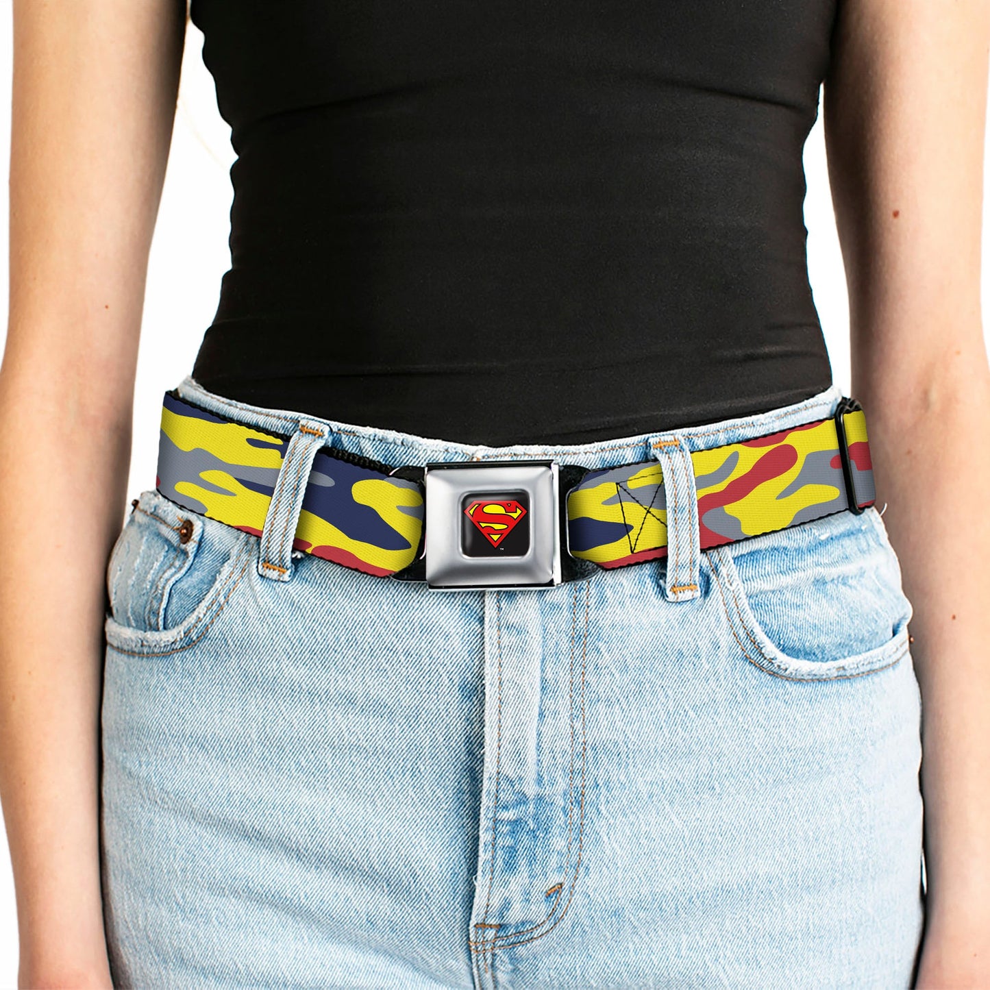 Superman Shadow Shield Full Color Black/Red/Yellow Seatbelt Belt - Superman Camo Yellow/Red/Blue/Gray Webbing