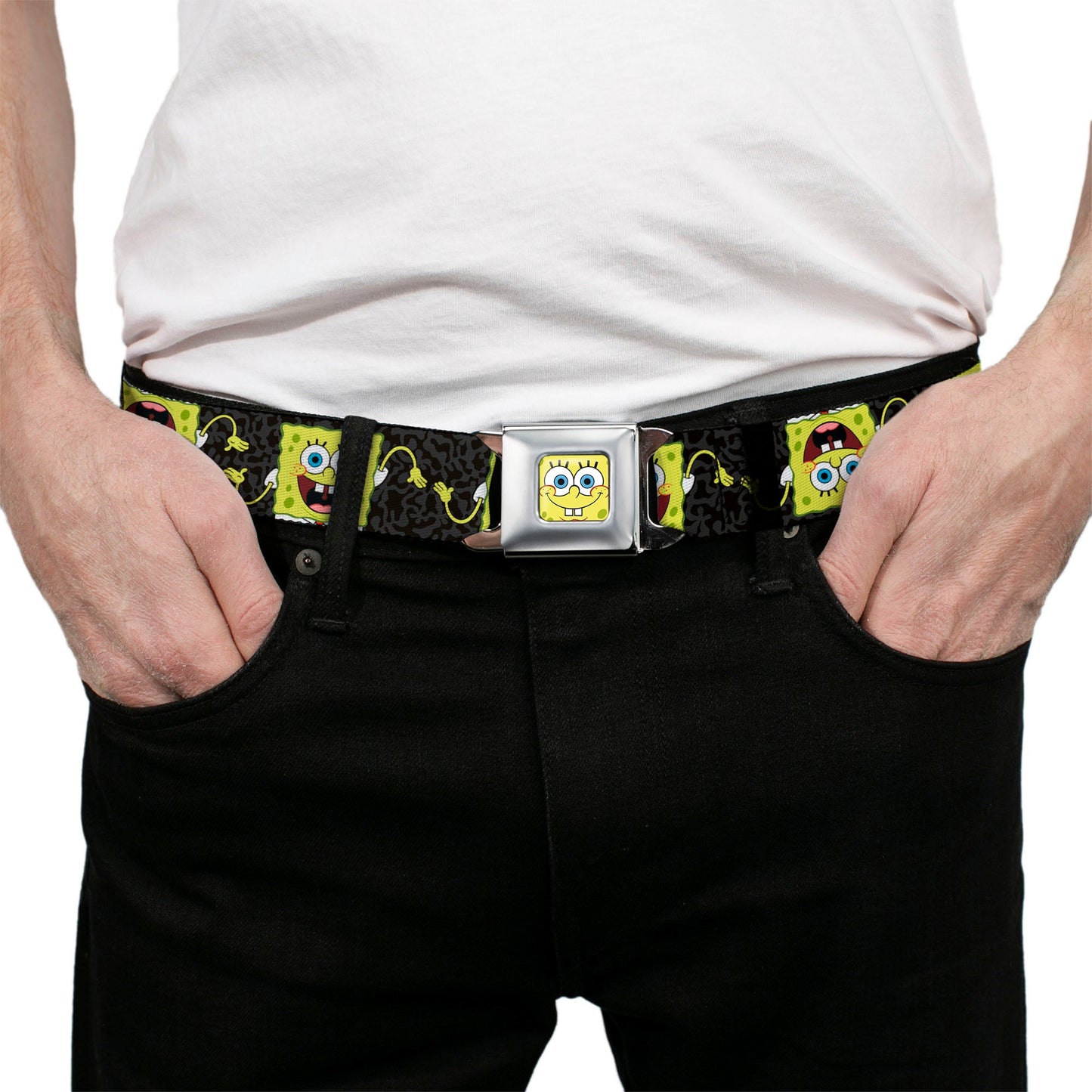 Sponge Bob Face CLOSE-UP Full Color Seatbelt Belt - SpongeBob Pose Flip/Camo Gray/Black Webbing