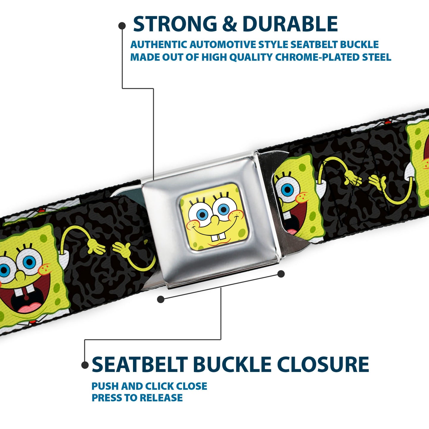 Sponge Bob Face CLOSE-UP Full Color Seatbelt Belt - SpongeBob Pose Flip/Camo Gray/Black Webbing