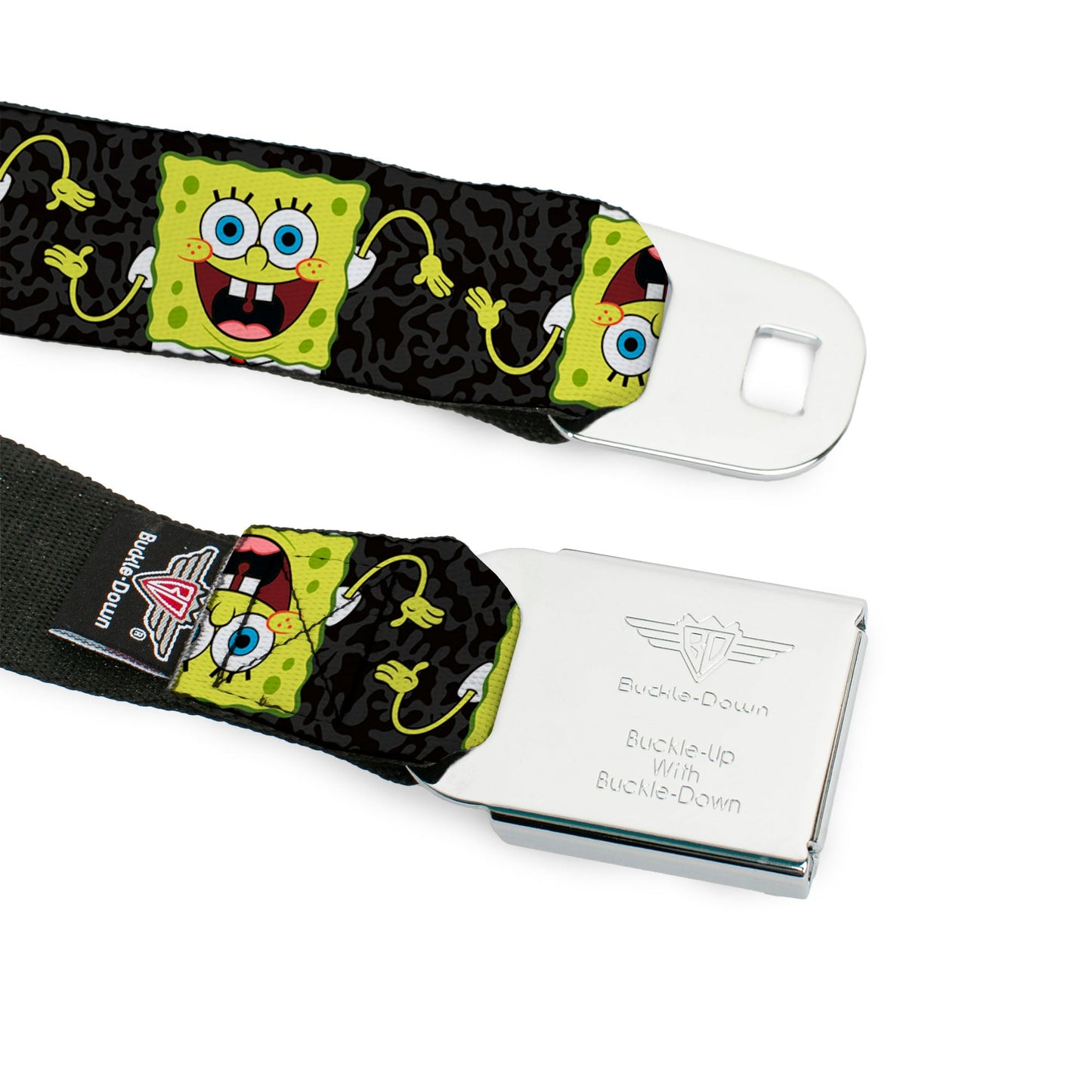 Sponge Bob Face CLOSE-UP Full Color Seatbelt Belt - SpongeBob Pose Flip/Camo Gray/Black Webbing
