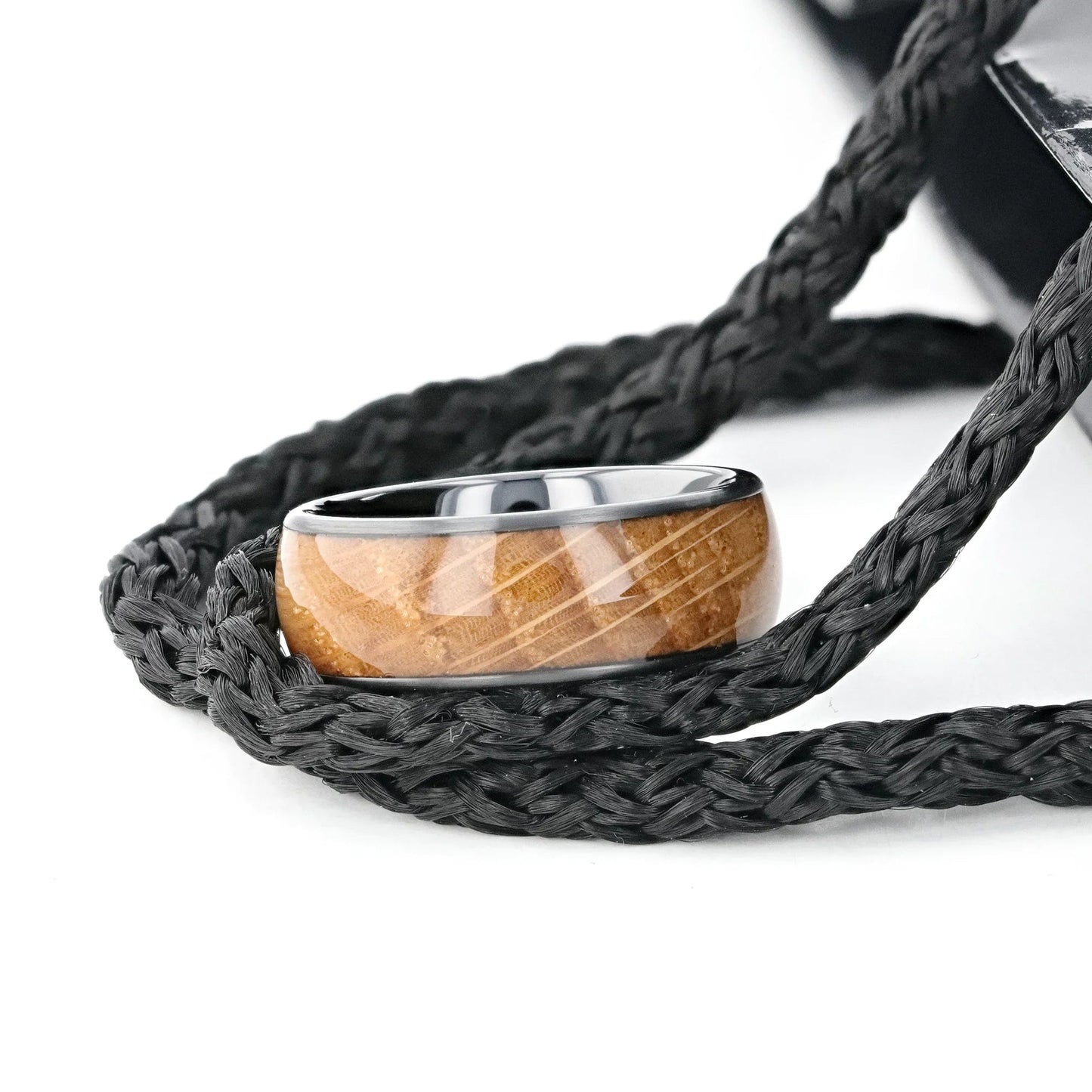 SCOTCH Black Ceramic Ring with Whiskey Barrel Wood Inlay- 8mm